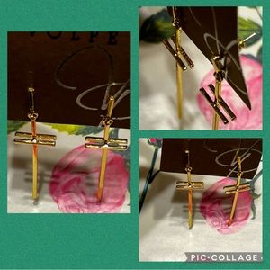 New La Volpe 2.5” Gold Tone Dangling Cross Shape Earrings